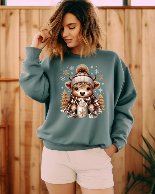 Cute Winter Cow Sweatshirt – Cozy Hot Cocoa Christmas Crewneck, Unisex Holiday Sweater, Festive Winter Animal Graphic Crewneck
