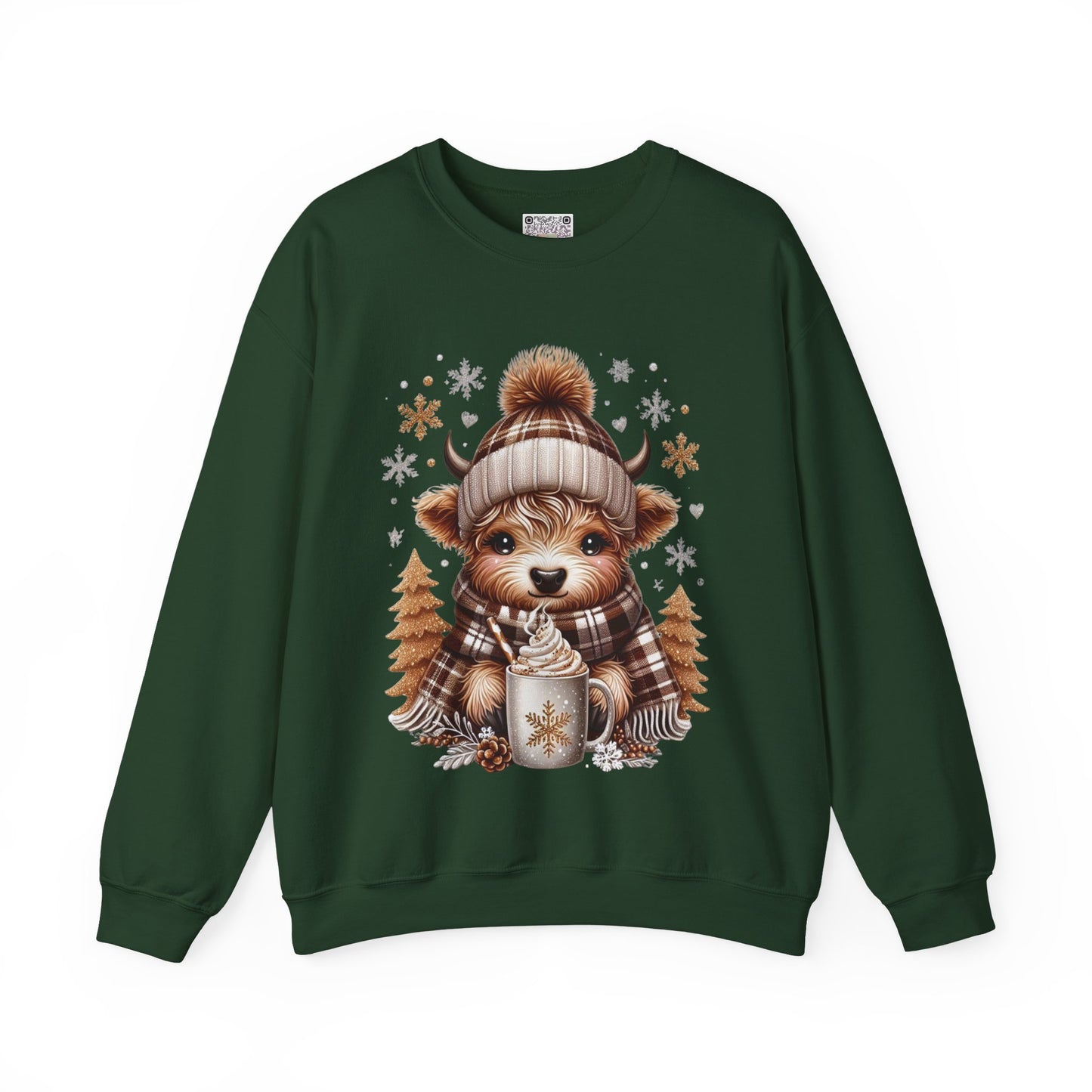Cute Winter Cow Sweatshirt – Cozy Hot Cocoa Christmas Crewneck, Unisex Holiday Sweater, Festive Winter Animal Graphic Crewneck