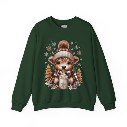 Cute Winter Cow Sweatshirt – Cozy Hot Cocoa Christmas Crewneck, Unisex Holiday Sweater, Festive Winter Animal Graphic Crewneck