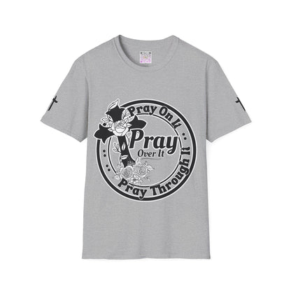 Prayer Over It Christian T-Shirt – “Pray On, Pray Through” Floral Cross Faith Tee, Inspirational Unisex Shirt, Christian Gift for Women & Men