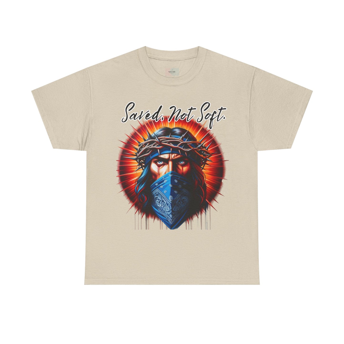 Saved Not Soft T-Shirt – Christian Graphic Tee with Jesus Face Bandana Design, Unisex Faith Apparel, Bold Inspirational Shirt for Believers