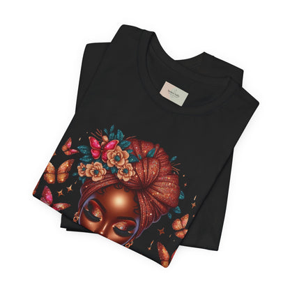 Women’s Tee — 'Prayer is my Superpower' Black Woman Graphic T‑Shirt, Butterfly Headwrap Art