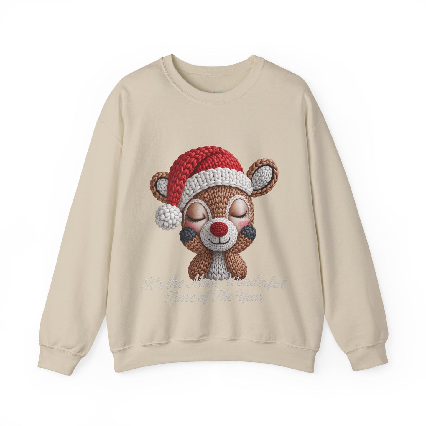 Cute Christmas Reindeer Crewneck Sweatshirt – “It’s the Most Wonderful Time of the Year” Unisex Holiday Pullover, Festive Reindeer in Santa Hat Sweater