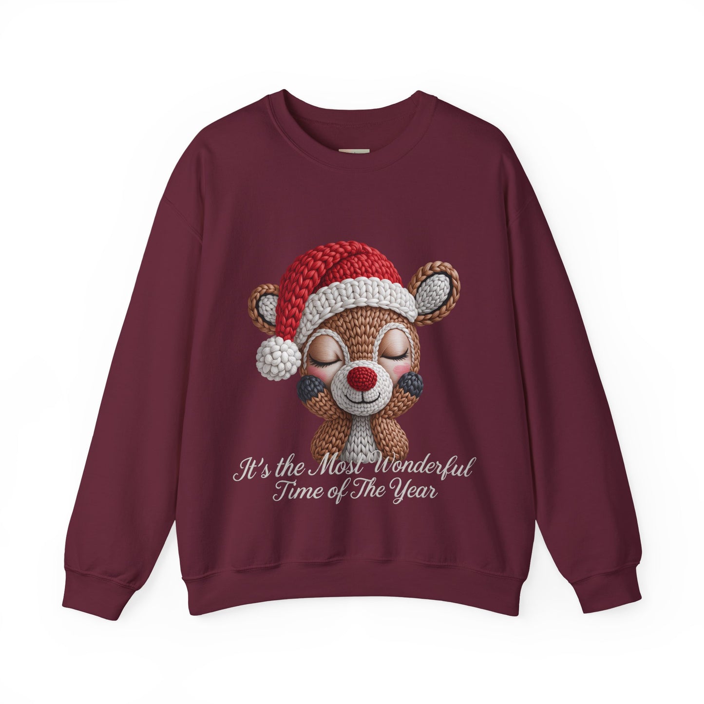 Cute Christmas Reindeer Crewneck Sweatshirt – “It’s the Most Wonderful Time of the Year” Unisex Holiday Pullover, Festive Reindeer in Santa Hat Sweater