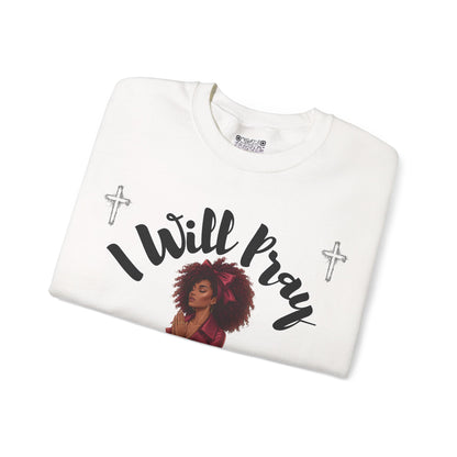 I Will Pray Psalm 55:17 Sweatshirt — Black Woman Kneeling Faith Crewneck, Inspirational Christian Apparel, Prayer Warrior Sweater, Unisex Spiritual Pullover