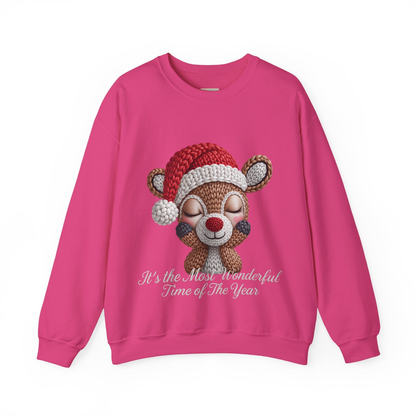 Cute Christmas Reindeer Crewneck Sweatshirt – “It’s the Most Wonderful Time of the Year” Unisex Holiday Pullover, Festive Reindeer in Santa Hat Sweater