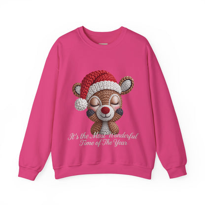 Cute Christmas Reindeer Crewneck Sweatshirt – “It’s the Most Wonderful Time of the Year” Unisex Holiday Pullover, Festive Reindeer in Santa Hat Sweater