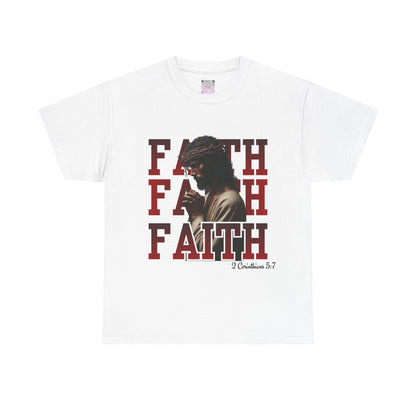 Faith Prayer T-Shirt – “Faith” with Praying Jesus Graphic, 2 Corinthians 5:7 Christian Tee, Inspirational Unisex Shirt, Spiritual Apparel