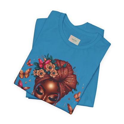 Women’s Tee — 'Prayer is my Superpower' Black Woman Graphic T‑Shirt, Butterfly Headwrap Art