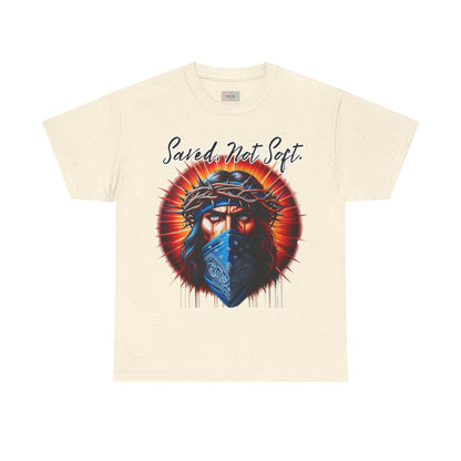 Saved Not Soft T-Shirt – Christian Graphic Tee with Jesus Face Bandana Design, Unisex Faith Apparel, Bold Inspirational Shirt for Believers
