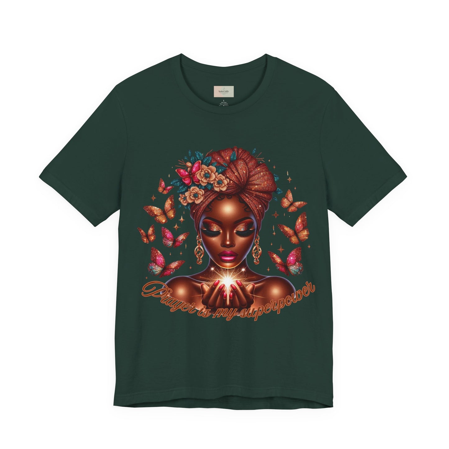 Women’s Tee — 'Prayer is my Superpower' Black Woman Graphic T‑Shirt, Butterfly Headwrap Art
