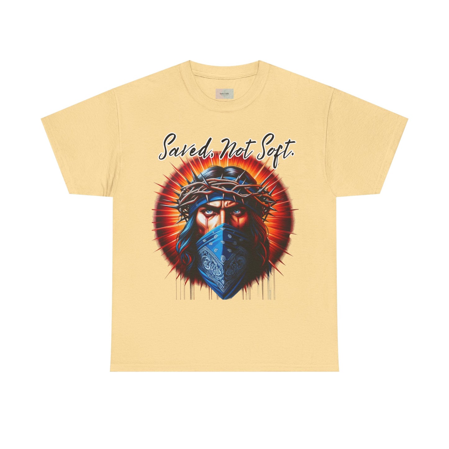 Saved Not Soft T-Shirt – Christian Graphic Tee with Jesus Face Bandana Design, Unisex Faith Apparel, Bold Inspirational Shirt for Believers