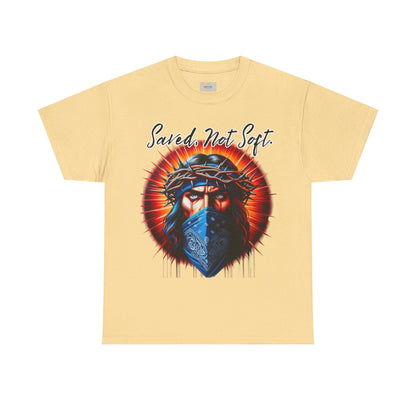 Saved Not Soft T-Shirt – Christian Graphic Tee with Jesus Face Bandana Design, Unisex Faith Apparel, Bold Inspirational Shirt for Believers