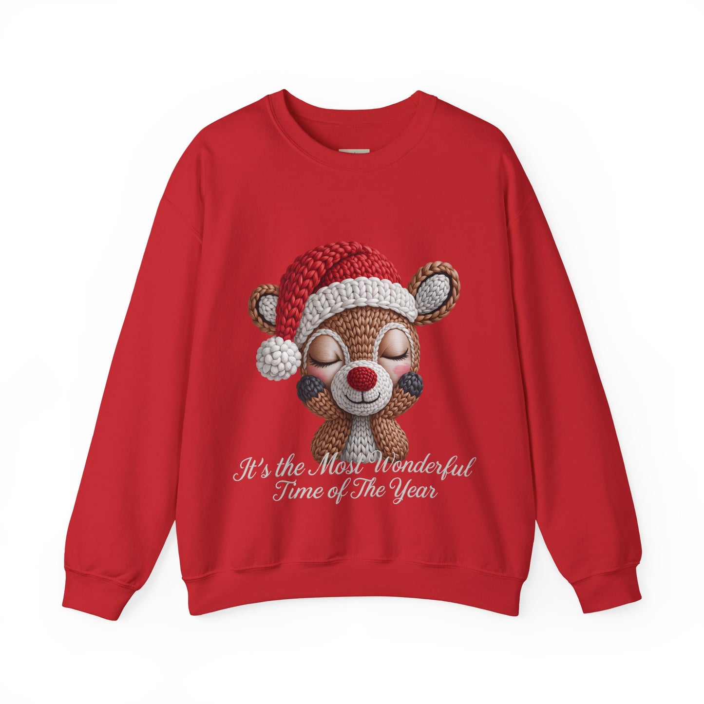 Cute Christmas Reindeer Crewneck Sweatshirt – “It’s the Most Wonderful Time of the Year” Unisex Holiday Pullover, Festive Reindeer in Santa Hat Sweater
