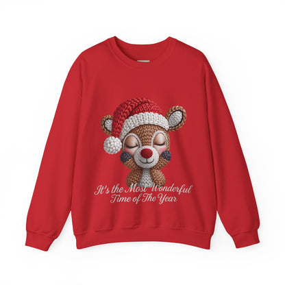 Cute Christmas Reindeer Crewneck Sweatshirt – “It’s the Most Wonderful Time of the Year” Unisex Holiday Pullover, Festive Reindeer in Santa Hat Sweater