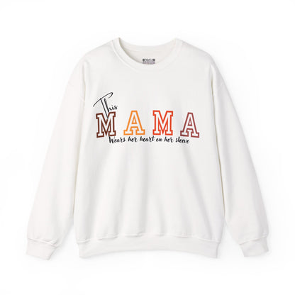 Mama Crewneck Sweatshirt – “This Mama Wears Her Heart on Her Sleeve” Cozy Unisex Mom Pullover, Motherhood Gift, Cute Mom Sweater