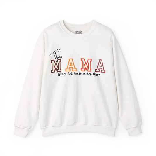 Mama Crewneck Sweatshirt – “This Mama Wears Her Heart on Her Sleeve” Cozy Unisex Mom Pullover, Motherhood Gift, Cute Mom Sweater