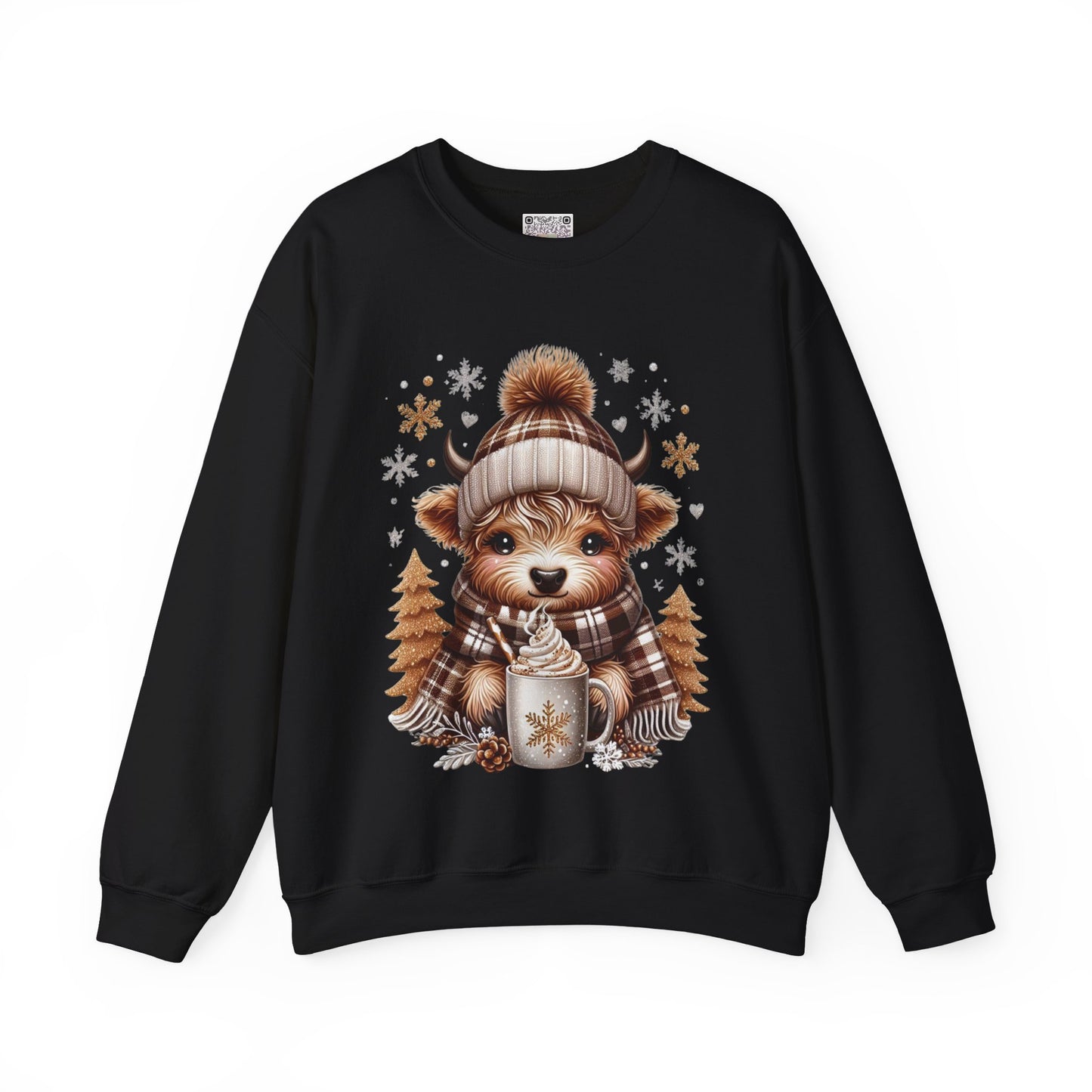 Cute Winter Cow Sweatshirt – Cozy Hot Cocoa Christmas Crewneck, Unisex Holiday Sweater, Festive Winter Animal Graphic Crewneck