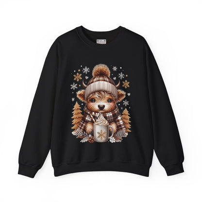 Cute Winter Cow Sweatshirt – Cozy Hot Cocoa Christmas Crewneck, Unisex Holiday Sweater, Festive Winter Animal Graphic Crewneck