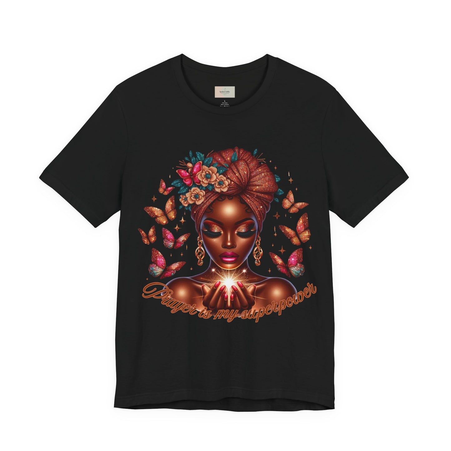 Women’s Tee — 'Prayer is my Superpower' Black Woman Graphic T‑Shirt, Butterfly Headwrap Art