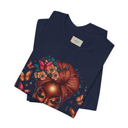 Women’s Tee — 'Prayer is my Superpower' Black Woman Graphic T‑Shirt, Butterfly Headwrap Art