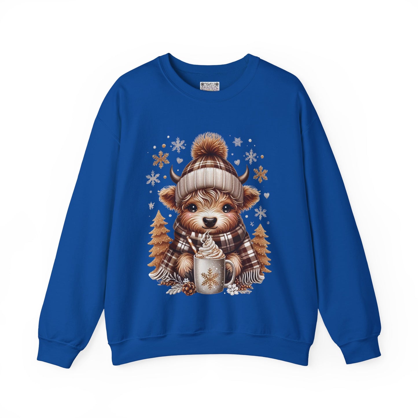 Cute Winter Cow Sweatshirt – Cozy Hot Cocoa Christmas Crewneck, Unisex Holiday Sweater, Festive Winter Animal Graphic Crewneck
