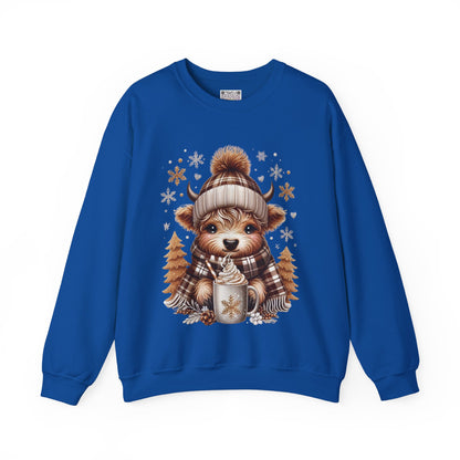 Cute Winter Cow Sweatshirt – Cozy Hot Cocoa Christmas Crewneck, Unisex Holiday Sweater, Festive Winter Animal Graphic Crewneck