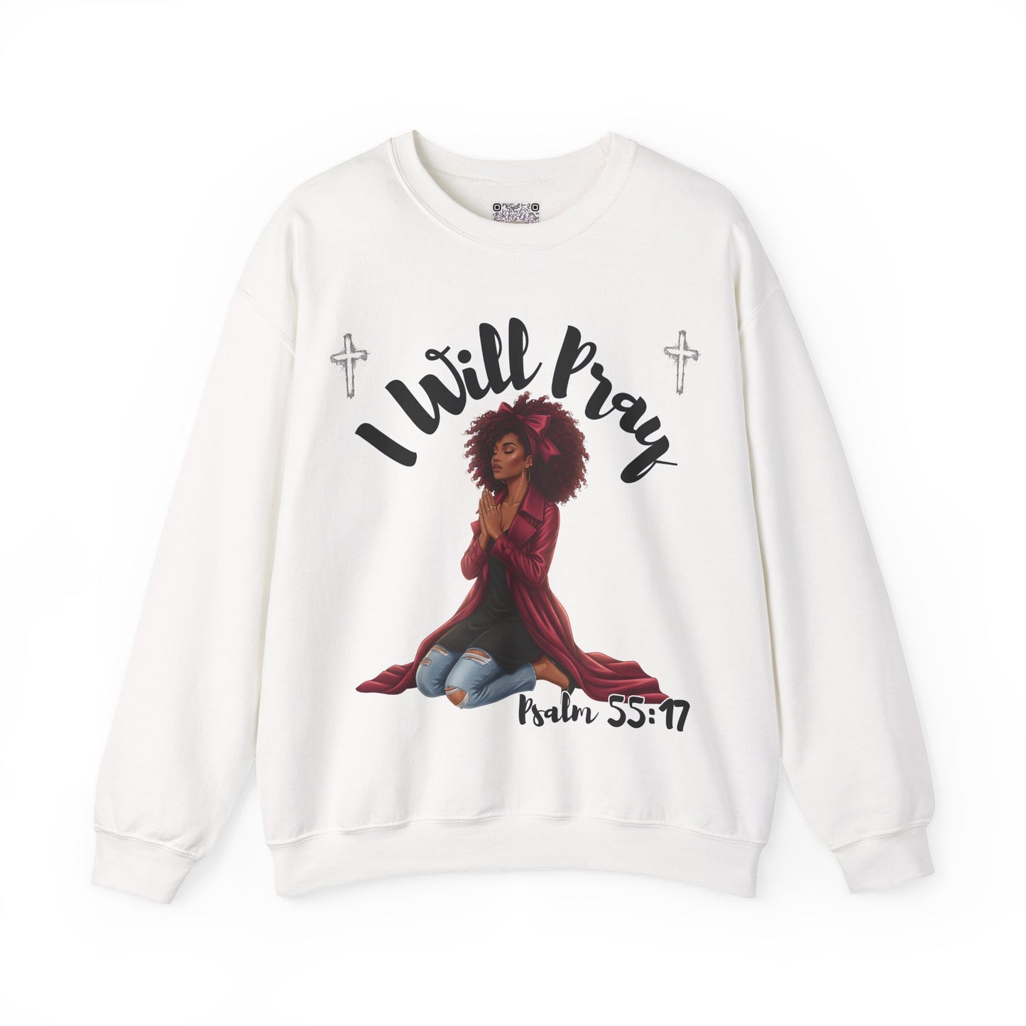 I Will Pray Psalm 55:17 Sweatshirt — Black Woman Kneeling Faith Crewneck, Inspirational Christian Apparel, Prayer Warrior Sweater, Unisex Spiritual Pullover