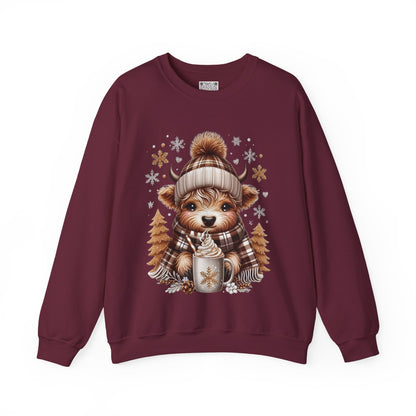 Cute Winter Cow Sweatshirt – Cozy Hot Cocoa Christmas Crewneck, Unisex Holiday Sweater, Festive Winter Animal Graphic Crewneck