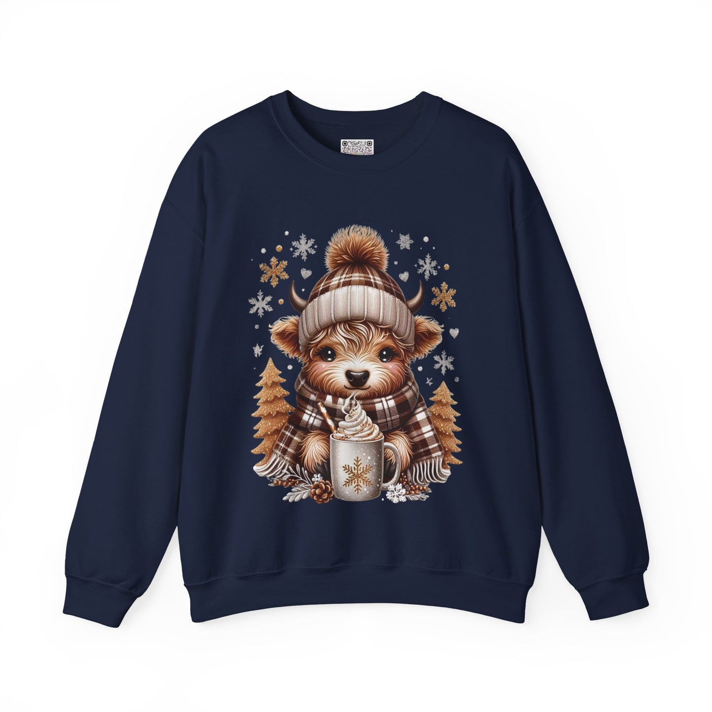 Cute Winter Cow Sweatshirt – Cozy Hot Cocoa Christmas Crewneck, Unisex Holiday Sweater, Festive Winter Animal Graphic Crewneck