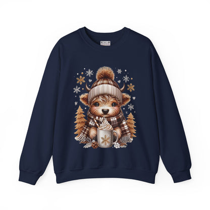 Cute Winter Cow Sweatshirt – Cozy Hot Cocoa Christmas Crewneck, Unisex Holiday Sweater, Festive Winter Animal Graphic Crewneck