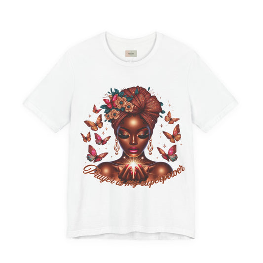 Women’s Tee — 'Prayer is my Superpower' Black Woman Graphic T‑Shirt, Butterfly Headwrap Art