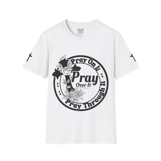Prayer Over It Christian T-Shirt – “Pray On, Pray Through” Floral Cross Faith Tee, Inspirational Unisex Shirt, Christian Gift for Women & Men