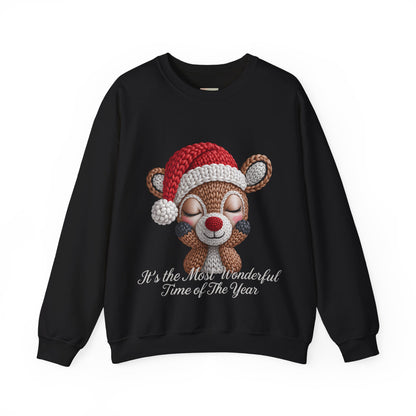 Cute Christmas Reindeer Crewneck Sweatshirt – “It’s the Most Wonderful Time of the Year” Unisex Holiday Pullover, Festive Reindeer in Santa Hat Sweater