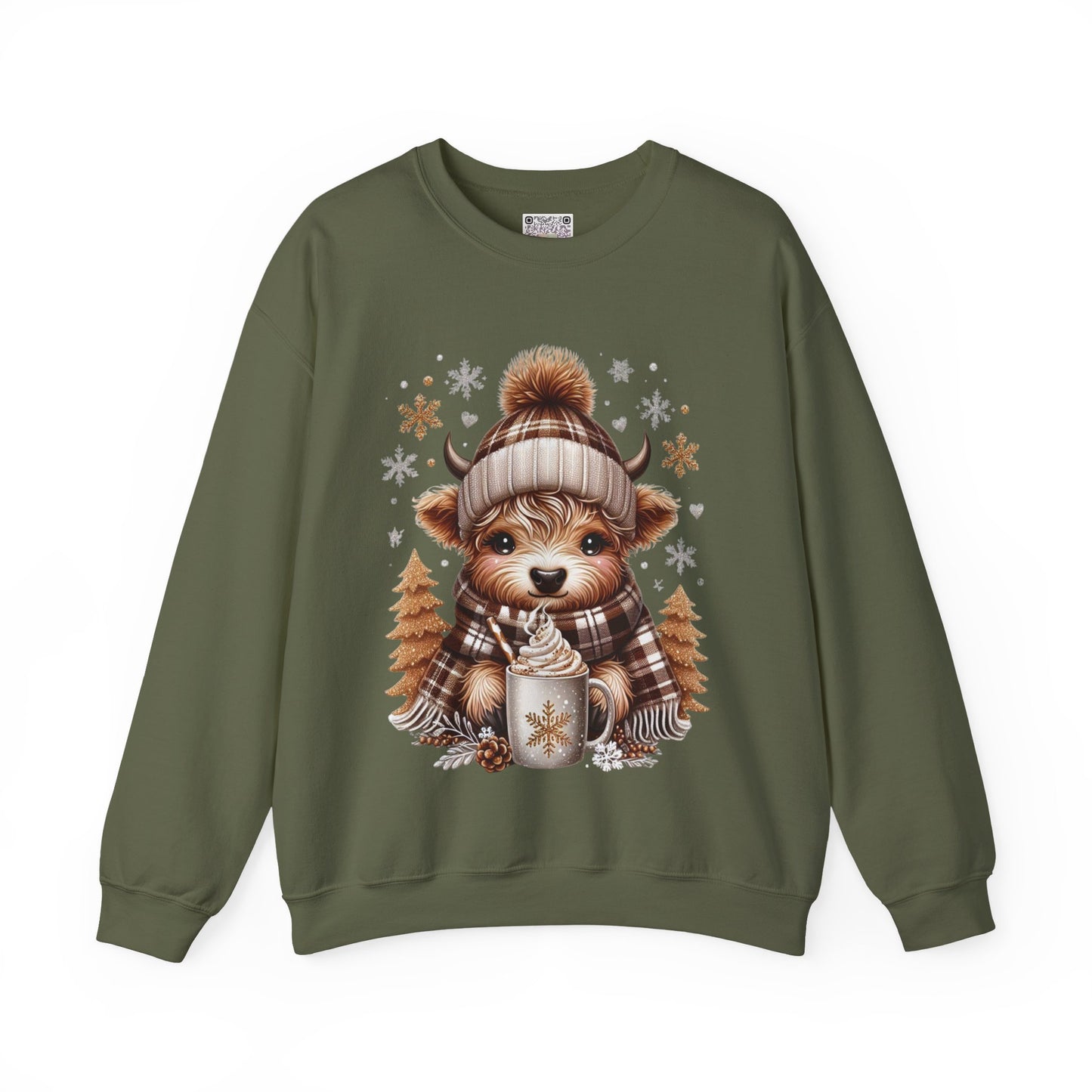 Cute Winter Cow Sweatshirt – Cozy Hot Cocoa Christmas Crewneck, Unisex Holiday Sweater, Festive Winter Animal Graphic Crewneck