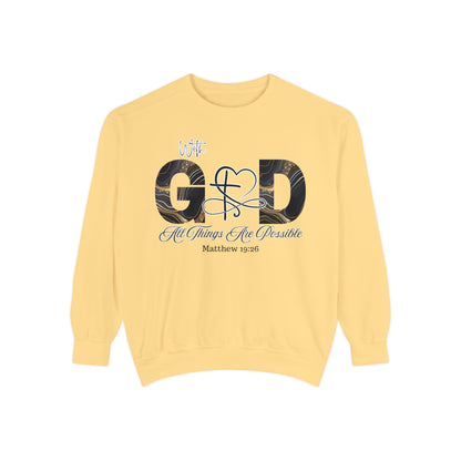 “With God, All Things Are Possible” Sweatshirt – Faith-Inspired Unisex Crewneck, Christian Motivational Sweater, Inspirational Bible Verse Apparel