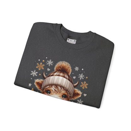 Cute Winter Cow Sweatshirt – Cozy Hot Cocoa Christmas Crewneck, Unisex Holiday Sweater, Festive Winter Animal Graphic Crewneck