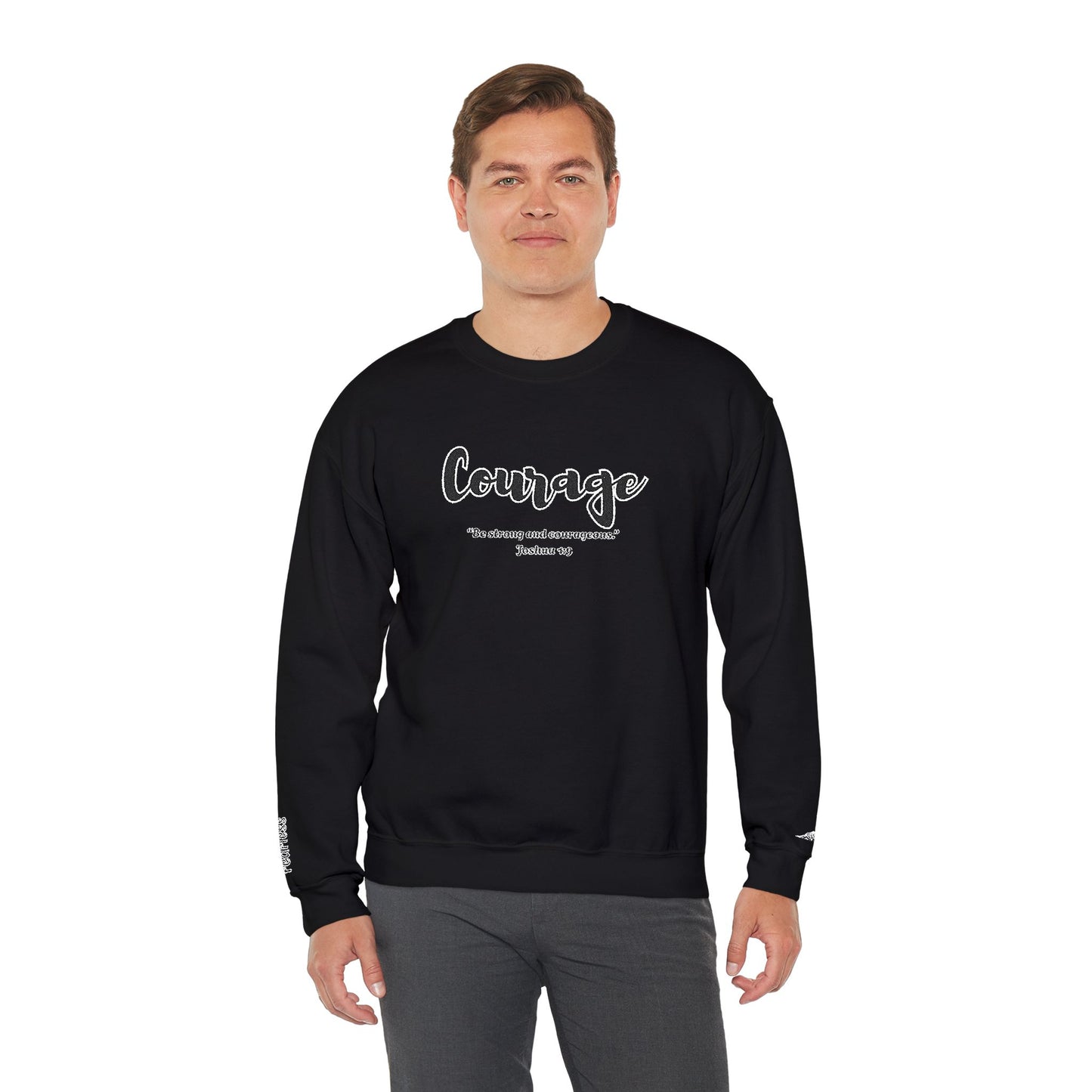 Courage Sweatshirt – “Be Strong and Courageous” Christian Crewneck, Inspirational Faith-Based Pullover, Cozy Unisex Apparel, Motivational Gift for Believers