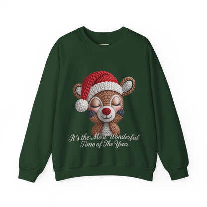 Cute Christmas Reindeer Crewneck Sweatshirt – “It’s the Most Wonderful Time of the Year” Unisex Holiday Pullover, Festive Reindeer in Santa Hat Sweater