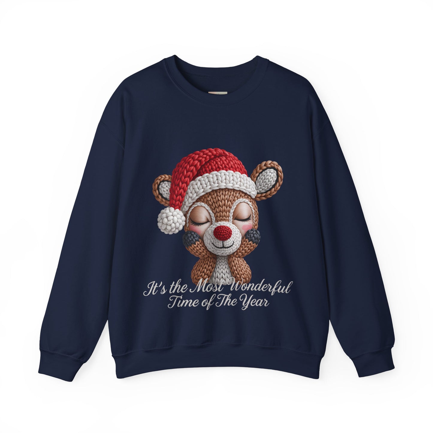 Cute Christmas Reindeer Crewneck Sweatshirt – “It’s the Most Wonderful Time of the Year” Unisex Holiday Pullover, Festive Reindeer in Santa Hat Sweater