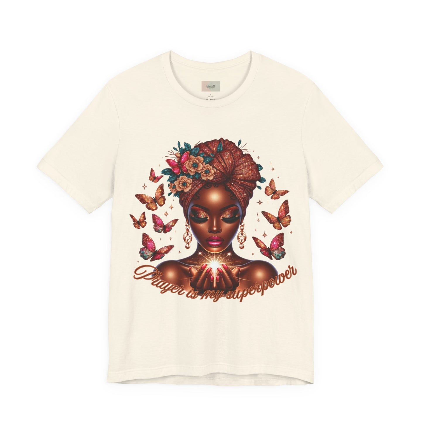 Women’s Tee — 'Prayer is my Superpower' Black Woman Graphic T‑Shirt, Butterfly Headwrap Art