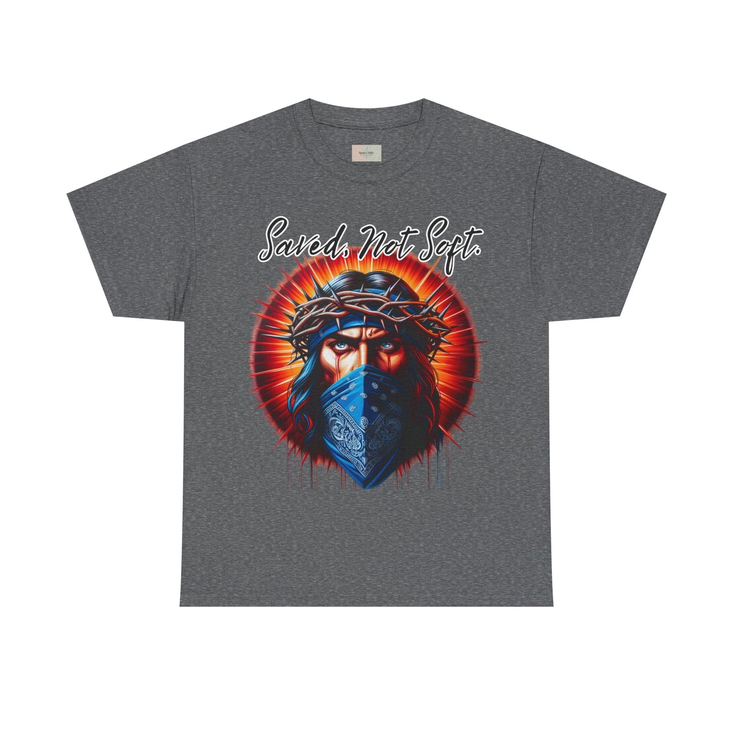 Saved Not Soft T-Shirt – Christian Graphic Tee with Jesus Face Bandana Design, Unisex Faith Apparel, Bold Inspirational Shirt for Believers