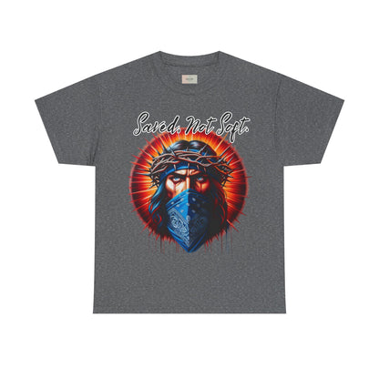 Saved Not Soft T-Shirt – Christian Graphic Tee with Jesus Face Bandana Design, Unisex Faith Apparel, Bold Inspirational Shirt for Believers