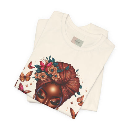 Women’s Tee — 'Prayer is my Superpower' Black Woman Graphic T‑Shirt, Butterfly Headwrap Art