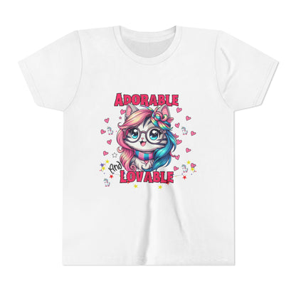 Adorable & Lovable Youth Tee, Girls Shirt, Cute T-Shirt, Gift for Kids, Birthday Outfit, Unicorn Theme Apparel