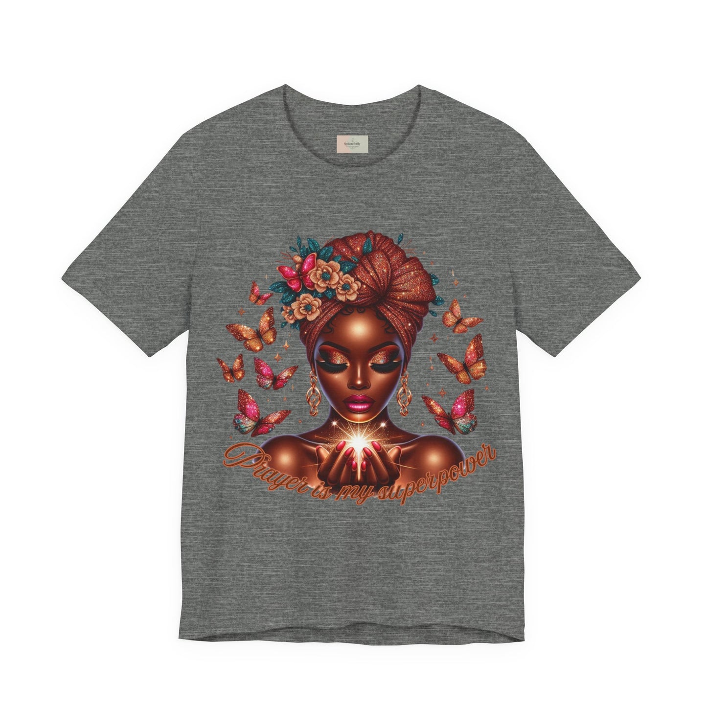 Women’s Tee — 'Prayer is my Superpower' Black Woman Graphic T‑Shirt, Butterfly Headwrap Art