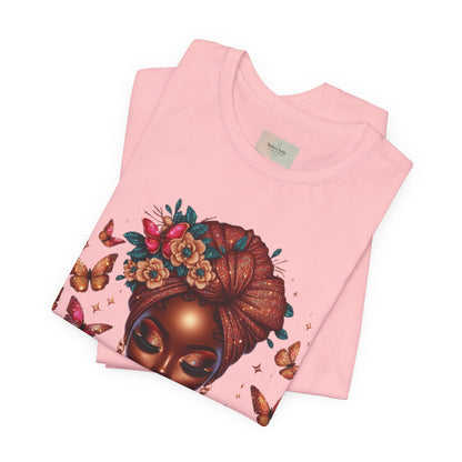 Women’s Tee — 'Prayer is my Superpower' Black Woman Graphic T‑Shirt, Butterfly Headwrap Art