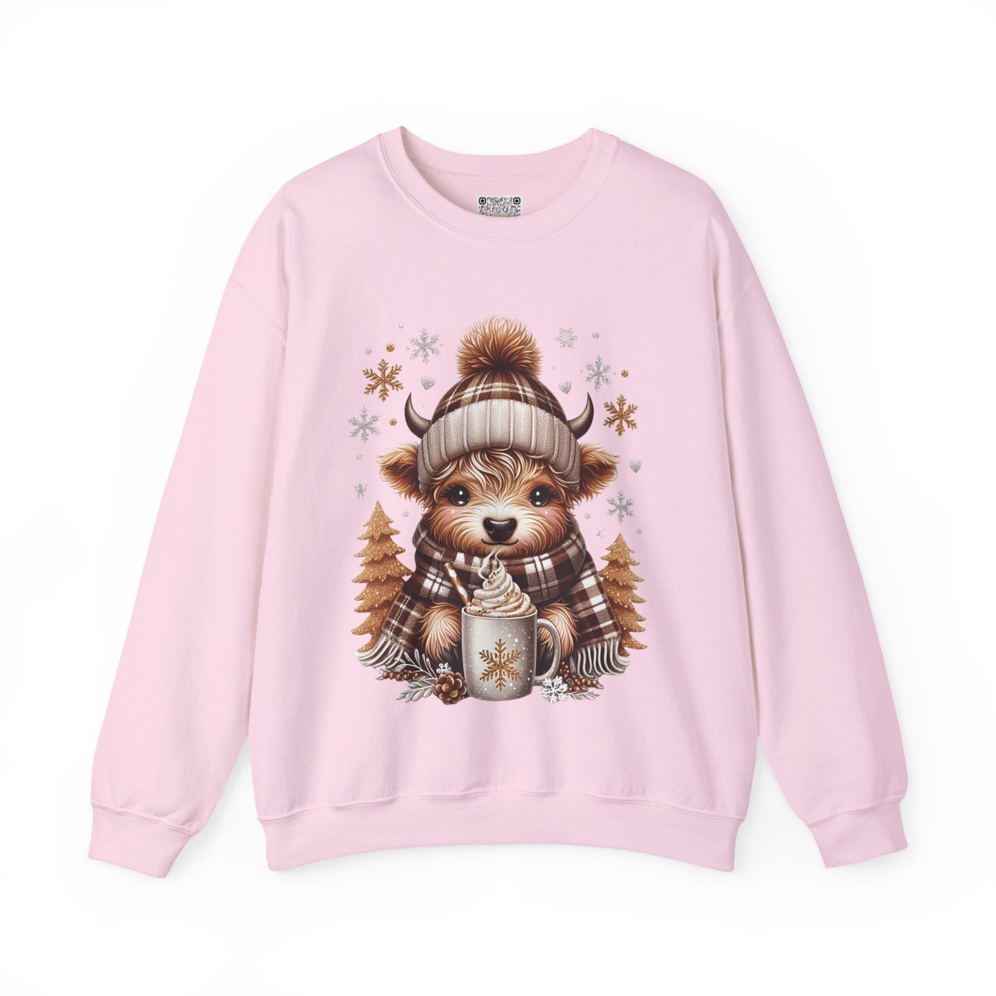 Cute Winter Cow Sweatshirt – Cozy Hot Cocoa Christmas Crewneck, Unisex Holiday Sweater, Festive Winter Animal Graphic Crewneck