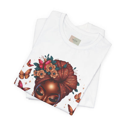 Women’s Tee — 'Prayer is my Superpower' Black Woman Graphic T‑Shirt, Butterfly Headwrap Art