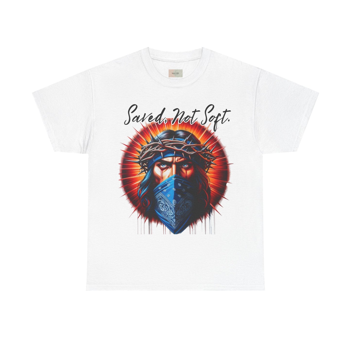Saved Not Soft T-Shirt – Christian Graphic Tee with Jesus Face Bandana Design, Unisex Faith Apparel, Bold Inspirational Shirt for Believers